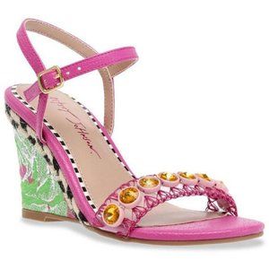 Betsey Johnson Kodi Pink Embellished Ankle Strap Wedges Sandal Heels 7